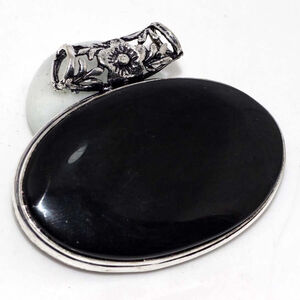 Black Obsidian Semi-Precious Gem 925 Silver Plated Artisan Pendant 2" NWT